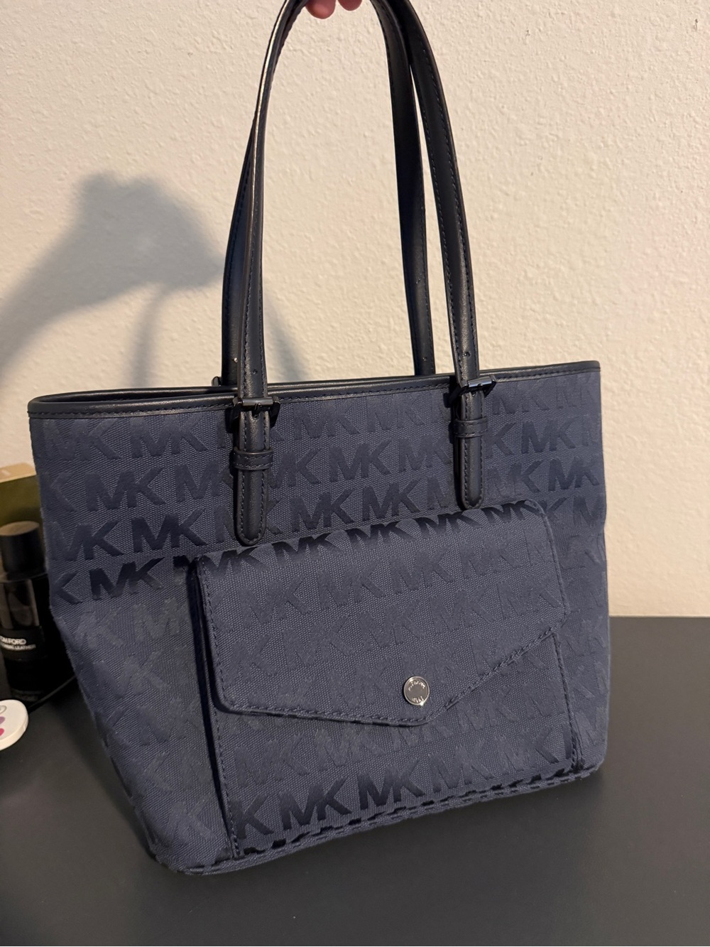 Michael Kors Navy MK Logo Tote with Front Pocket